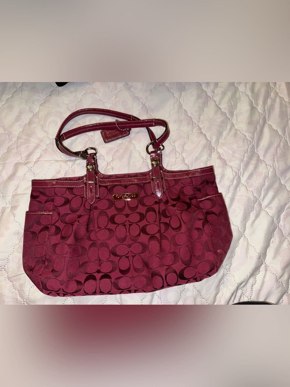Coach Signature Shoulder Tote in Burgundy with Leather Trim